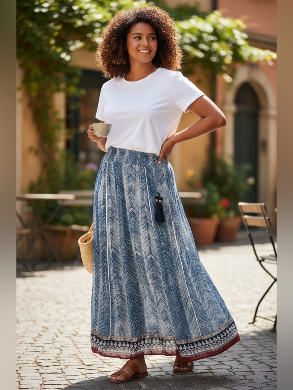 Soft Surroundings Blue Chevron Maxi Skirt with Black Tassel and Maroon Border